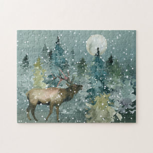 Majestic Elch in Forest Full Moon Snowfall Puzzle