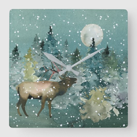 Majestic Elch in Forest Full Moon Snowfall Quadratische Wanduhr (Vorderseite)