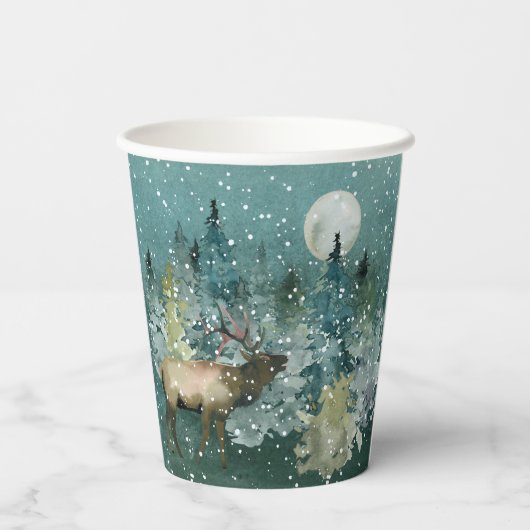 Majestic Elch in Forest Full Moon Snowfall Urlaub Pappbecher (Rückseite)
