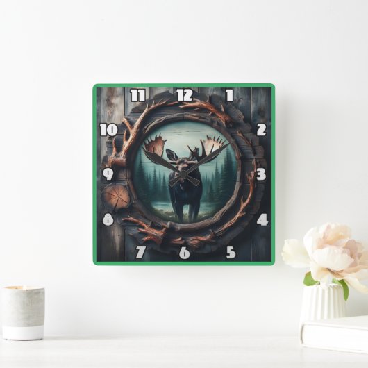 Majestic Elch Portrait in rustikalem Rahmen Quadratische Wanduhr (Zuhause)