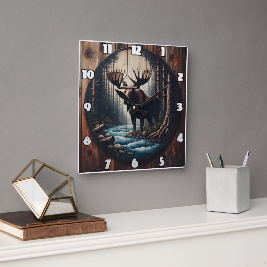 Majestic Elche am Fluss im dichten Wald Quadratische Wanduhr (Büro)