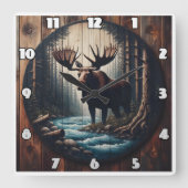 Majestic Elche am Fluss im dichten Wald Quadratische Wanduhr (Vorderseite)