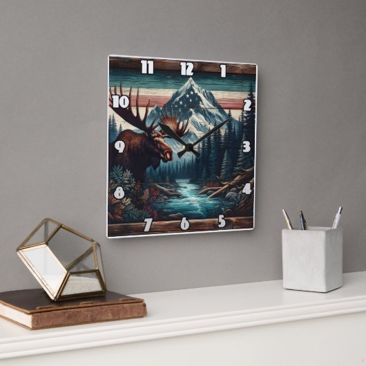 Majestic Elche in Landschaftlicher Bergwelt Quadratische Wanduhr (Büro)