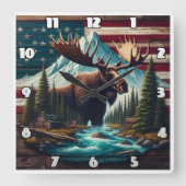 Majestic Elche unter Bergen und amerikanische Flag Quadratische Wanduhr (Vorderseite)