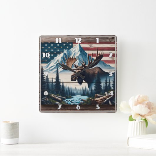 Majestic Elche vor den Bergen und der Flagge Quadratische Wanduhr (Zuhause)