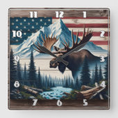 Majestic Elche vor den Bergen und der Flagge Quadratische Wanduhr (Vorderseite)