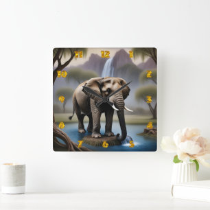 Majestic Elephant am ruhigen Wasserfall bei Dämmer Quadratische Wanduhr