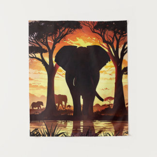 Majestic Elephant at Sunset in the African Savanna Wandteppich