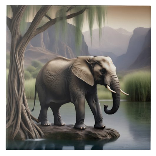 Majestic Elephant bei ruhiger Seeufer Fliese (Vorderseite)