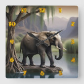 Majestic Elephant bei ruhiger Seeufer Quadratische Wanduhr (Vorderseite)