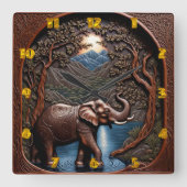 Majestic Elephant by Serene Mountain Lake Quadratische Wanduhr (Vorderseite)