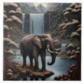 Majestic Elephant by Serene Waterfall at Night Fliese (Vorderseite)