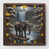 Majestic Elephant by Serene Waterfall at Night Quadratische Wanduhr (Vorderseite)