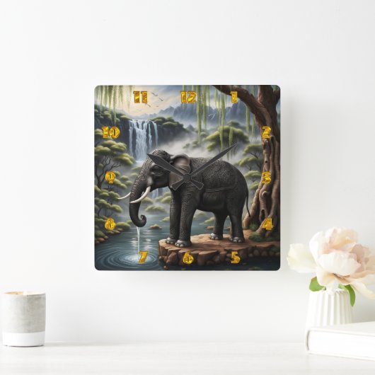 Majestic Elephant Drinks im Serene Waterfall Quadratische Wanduhr (Zuhause)