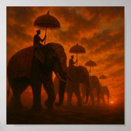 Majestic Elephant Procession - Sunset Silhouette Poster