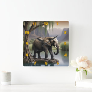 Majestic Elephant von ruhigen Gewässern bei Dämmer Quadratische Wanduhr