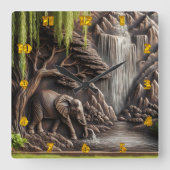 Majestic Elephant von ruhiger Wasserfall-Szene Quadratische Wanduhr (Vorderseite)
