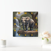 Majestic Elephant von Serene Waterfall bei Morgend Quadratische Wanduhr (Zuhause)