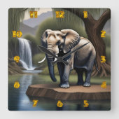 Majestic Elephant von Serene Waterfall bei Morgend Quadratische Wanduhr (Vorderseite)