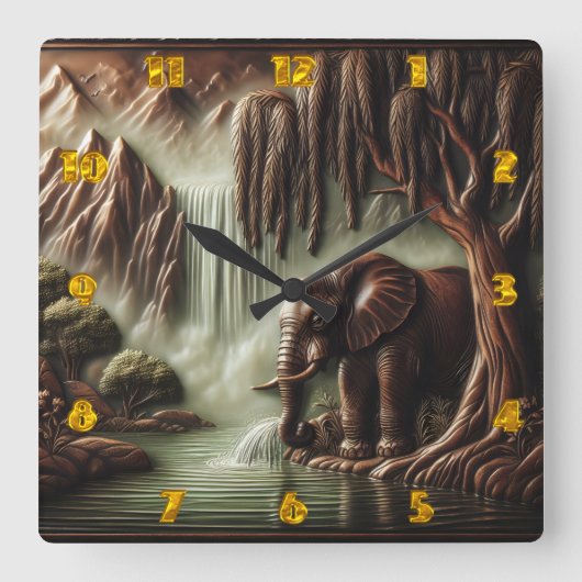Majestic Elephant von Serene Waterfall in der Dämm Quadratische Wanduhr (Vorderseite)