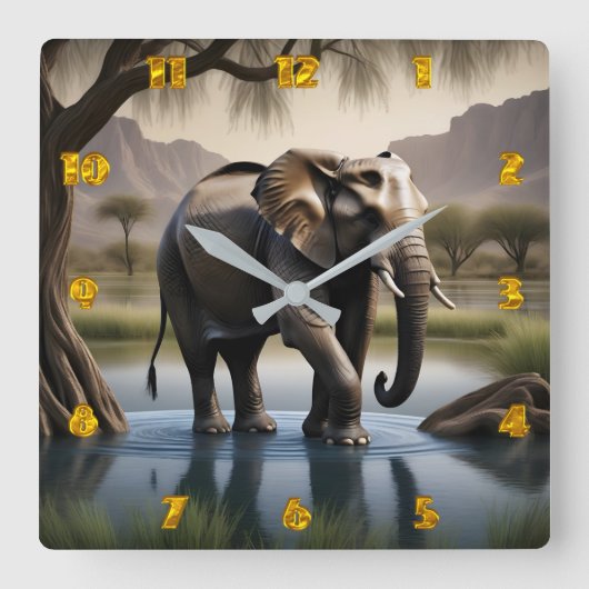 Majestic Elephant Wading in Serenwasser bei Morgen Quadratische Wanduhr (Vorderseite)