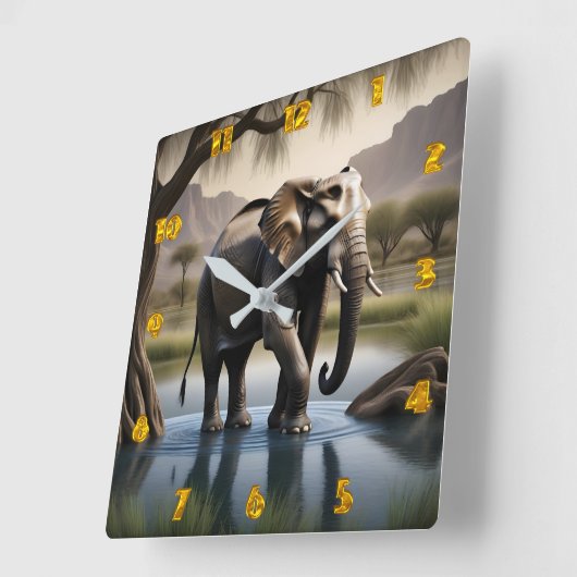 Majestic Elephant Wading in Serenwasser bei Morgen Quadratische Wanduhr (Winkel)