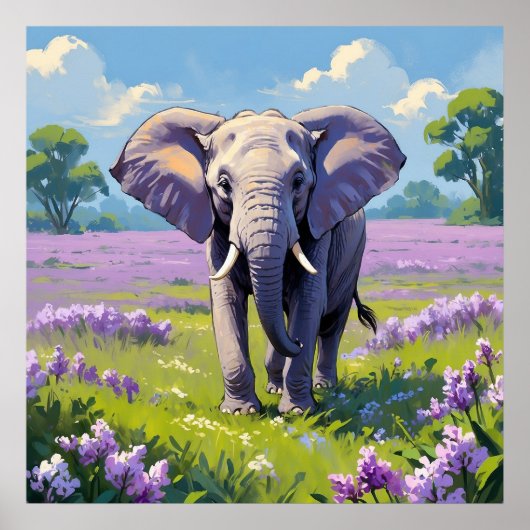 Majestic Elephant Walking in Lilac Feldmalerei Poster (Vorne)