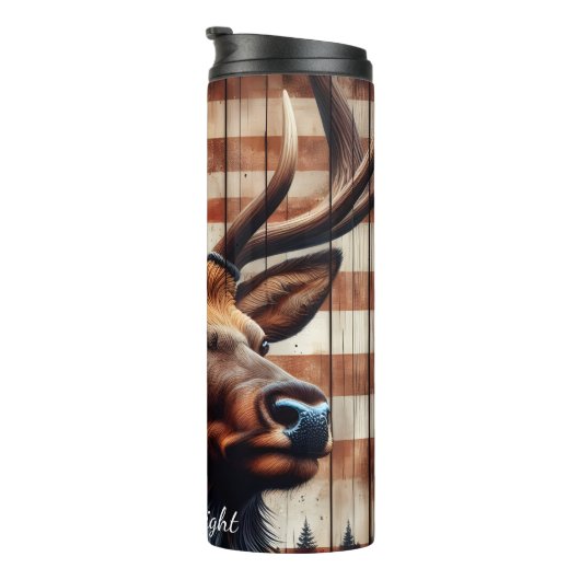 Majestic Elk American Flag Wood Thermosbecher (Nach rechts gedreht)
