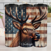Majestic Elk American Flag Wood Thermosbecher