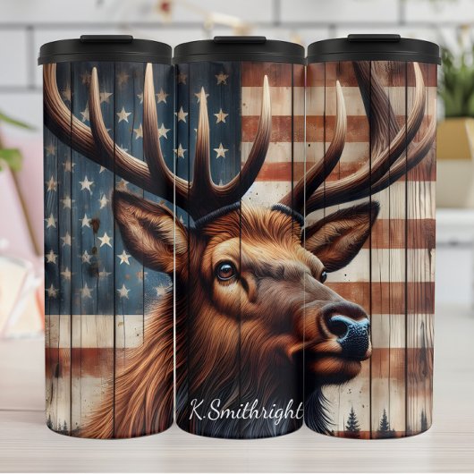 Majestic Elk American Flag Wood Thermosbecher