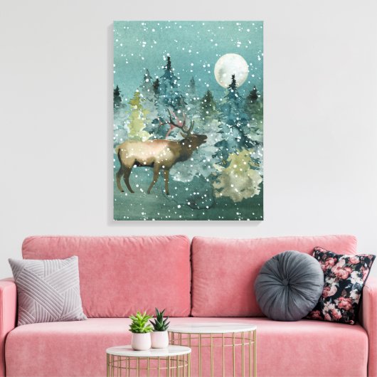 Majestic Elk Forest Full Moon Snowfall Leinwanddruck (Insitu (Wohnzimmer))