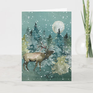 Majestic Elk Forest Full Moon Snowfall Wasserfarbe Feiertagskarte