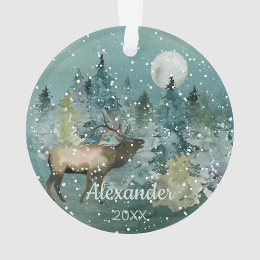 Majestic Elk Forest Full Moon Snowfall Wasserfarbe Ornament (Rückseite)