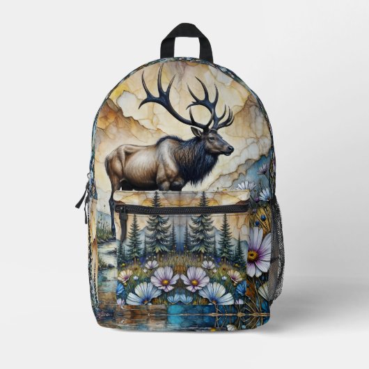 Majestic Elk in floral mountain valley Bedruckter Rucksack (Vorderseite)