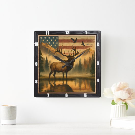 Majestic Elk Outdoor gegen einen patriotischen Ame Quadratische Wanduhr (Zuhause)