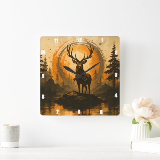 Majestic Elk Stehend Proudly Rock Forest Quadratische Wanduhr (Zuhause)