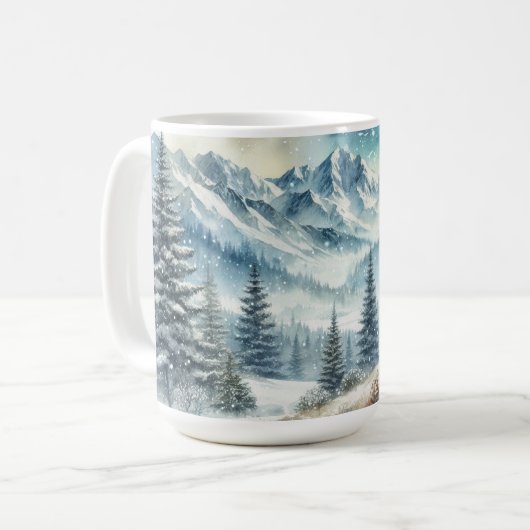 Majestic Elk steht inmitten schneebedeckter Berge Kaffeetasse (Vorderseite Links)