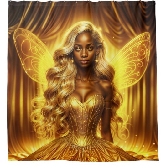 Majestic Fantasy Queen in einem goldenen magischen Duschvorhang (Vorderseite)