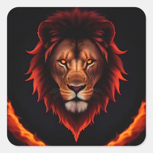Majestic Fiery Lion Portrait mit leuchtenden Augen Quadratischer Aufkleber (Vorderseite)