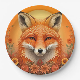Majestic Fox Portrait umgeben von Blume im Herbst Pappteller