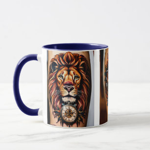 "Majestic Fusion: Lion and Clock Tattoo Design" Tasse