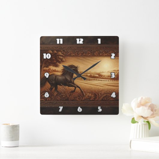 Majestic Galloping in Golden Sunrise Field Quadratische Wanduhr (Zuhause)