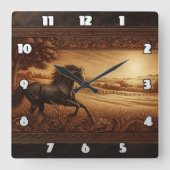 Majestic Galloping in Golden Sunrise Field Quadratische Wanduhr (Vorderseite)
