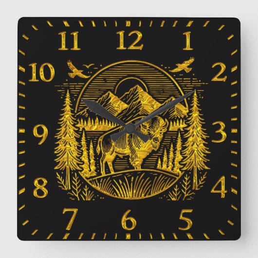 Majestic Gold Buffalo in der Bergwelt Quadratische Wanduhr (Vorderseite)