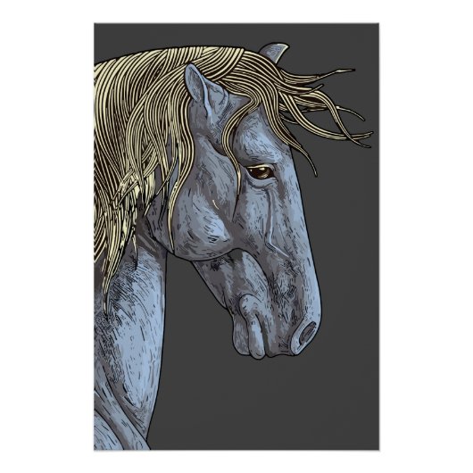 Majestic Graues Pferd mit blühender Mane Poster (Vorderseite)