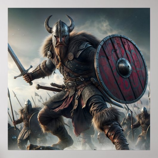 Majestic Gray-Scaled Battle Fierce Viking Attack Poster (Vorne)