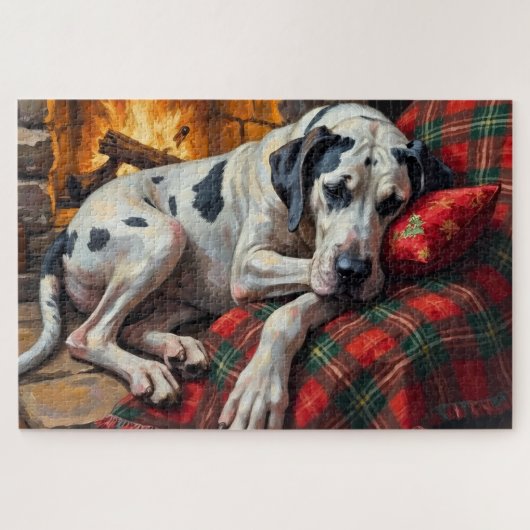Majestic Great Dane Asleep by Fireplace Cozy Puzzle (Horizontal)