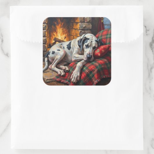 Majestic Great Dane Asleep by Fireplace Cozy Quadratischer Aufkleber (Tasche)