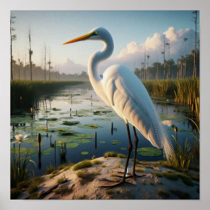 Majestic Great Egret in ruhigen Feuchtgebieten Poster