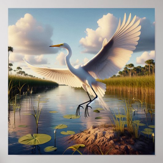 Majestic Great Egret in ruhigen Feuchtgebieten Poster (Vorne)